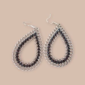 Silver Tone Teardrop Filigree Statement Earrings with Dark Stone Accents
